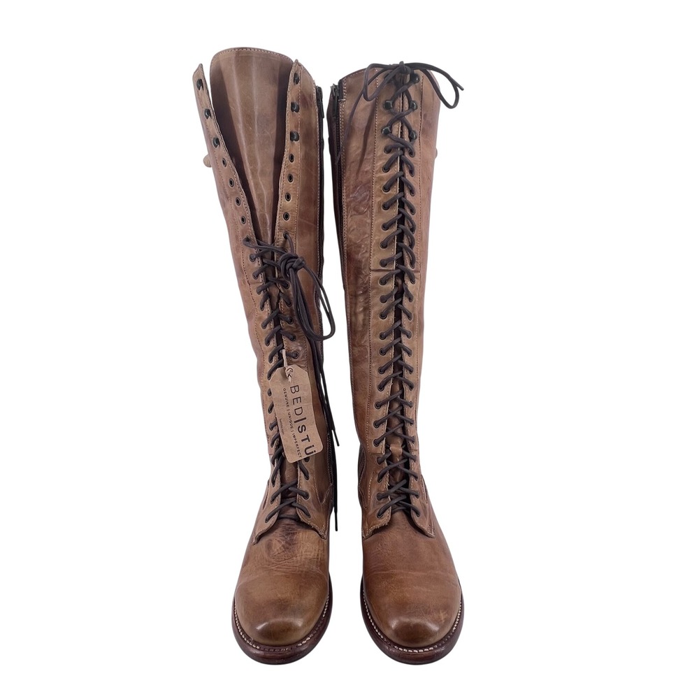 Bed Stu Della (wide calf)Tan Leather Tall Lace Up Boots Women 10 NWT Distressed